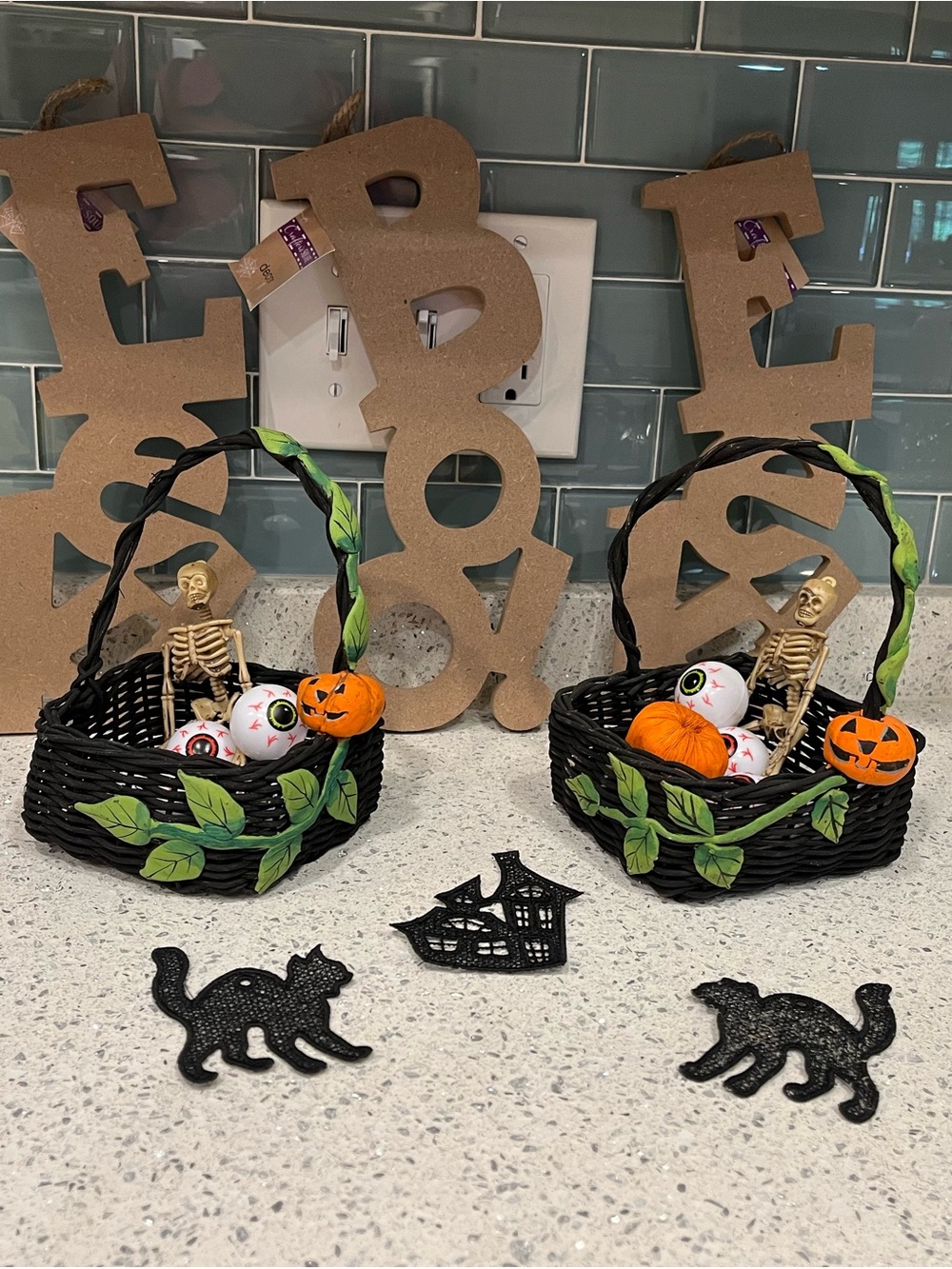Halloween Decor - EEK & BOO, plus Black Wicker Basket w/ misc decor